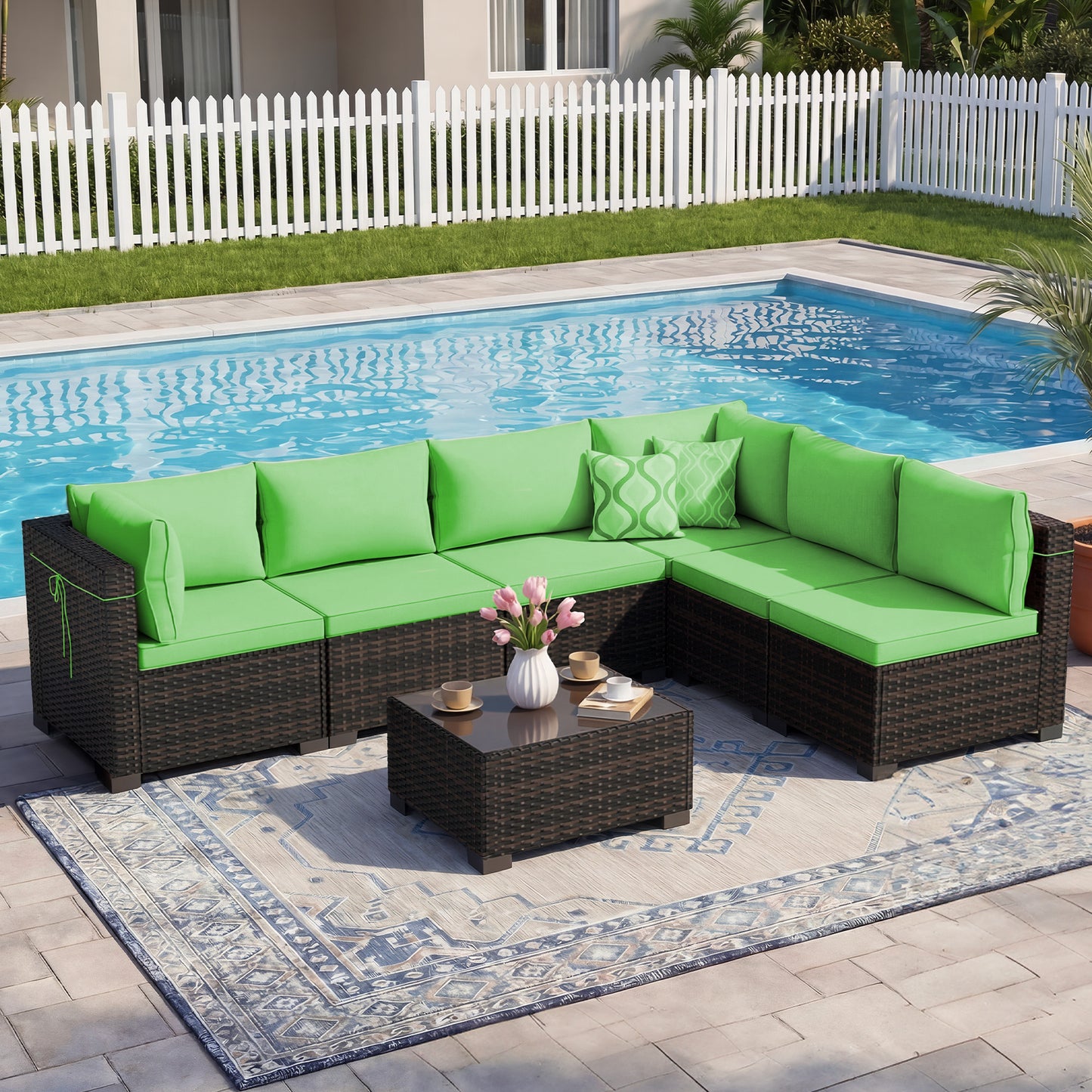LAFWELL Outdoor Patio Furniture Sets: 7-Piece Rattan Conversation Sectional Set with Wicker Sofa & Tea Table