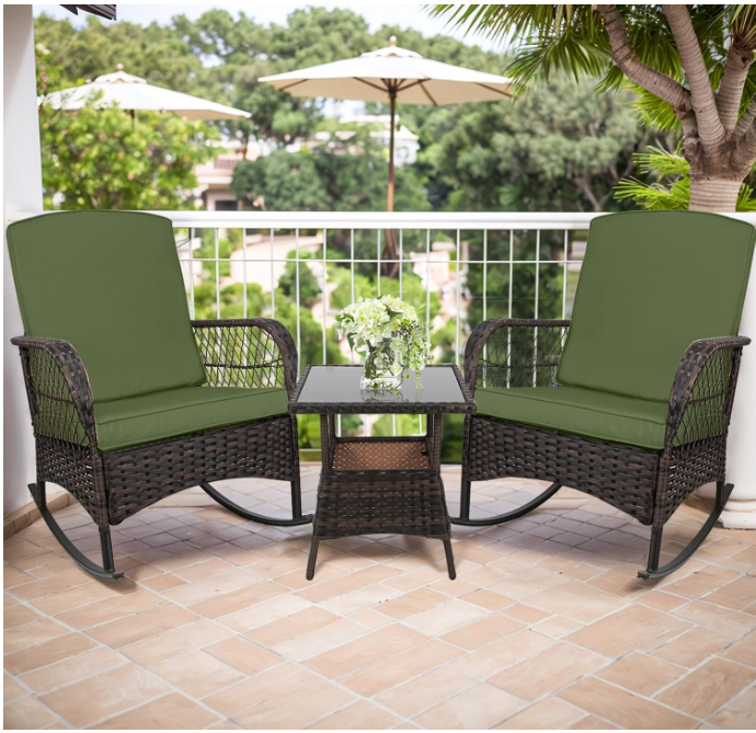 LAFWELL 3 pcs Rocking Bistro Set Conversation Chairs PE Wicker Outdoor Rocking Chairs(Rocking Set,Sand)