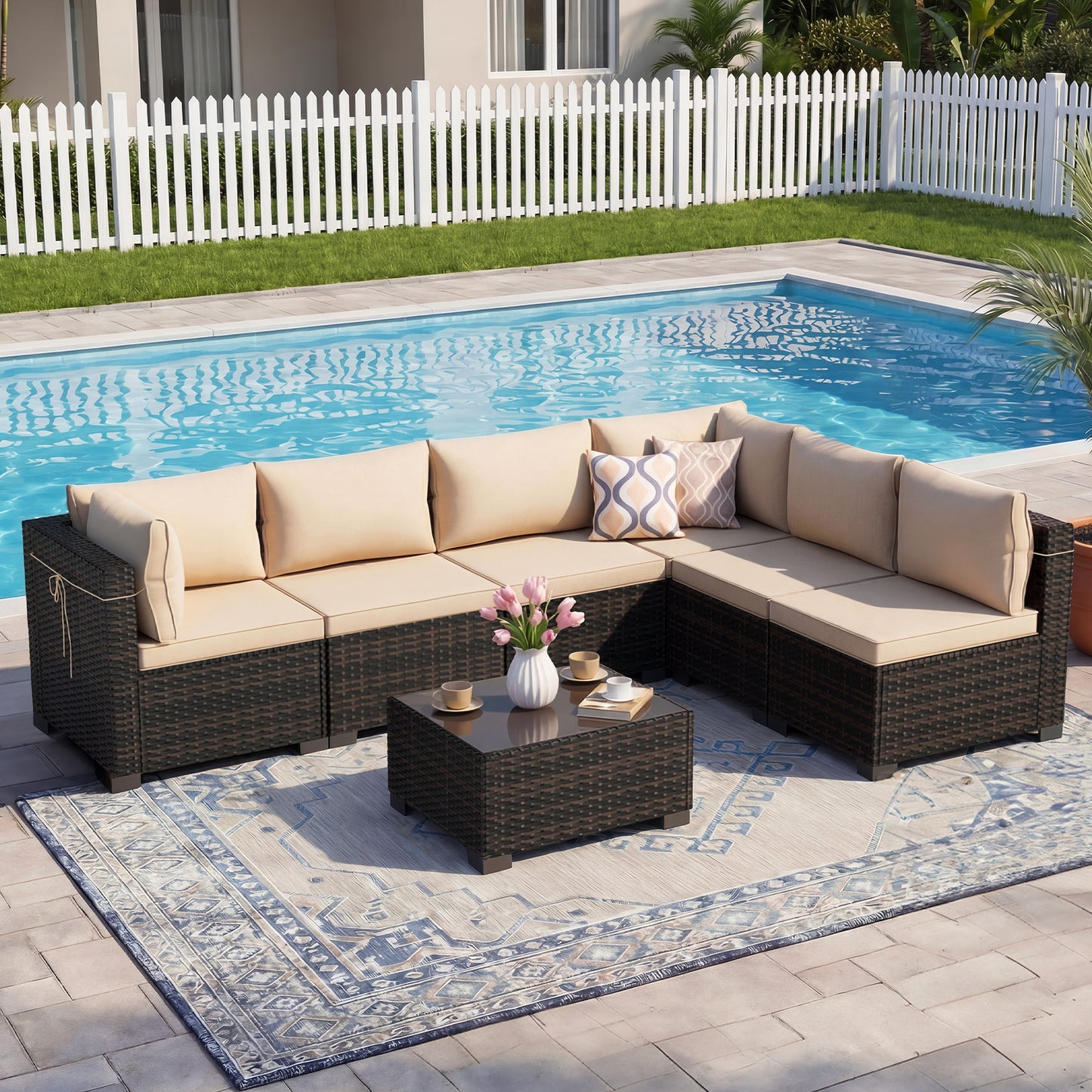 LAFWELL 7-Piece Outdoor Sectional Sofa Set, Customizable Rattan Wicker Patio Conversation Set with Versatile Arrangements for Deck, Lawn, & Cozy Lounging