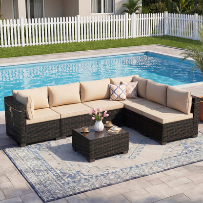 LAFWELL 7-Piece Outdoor Sectional Sofa Set, Customizable Rattan Wicker Patio Conversation Set with Versatile Arrangements for Deck, Lawn, & Cozy Lounging