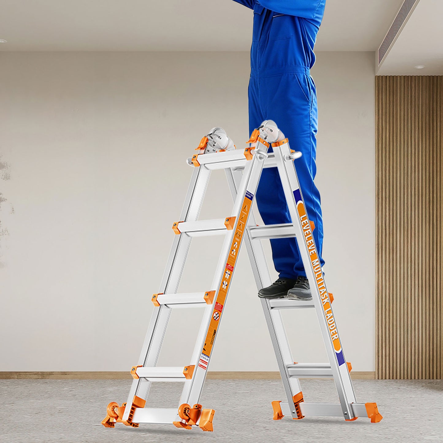 LAFWELL Multi Position 3 Step Ladder, 14FT Extension Ladder with Stabilizer Bar &amp; Wheels,330 lbs Security Load A Frame Ladder for Stairs Home Indoor Outdoor Roof