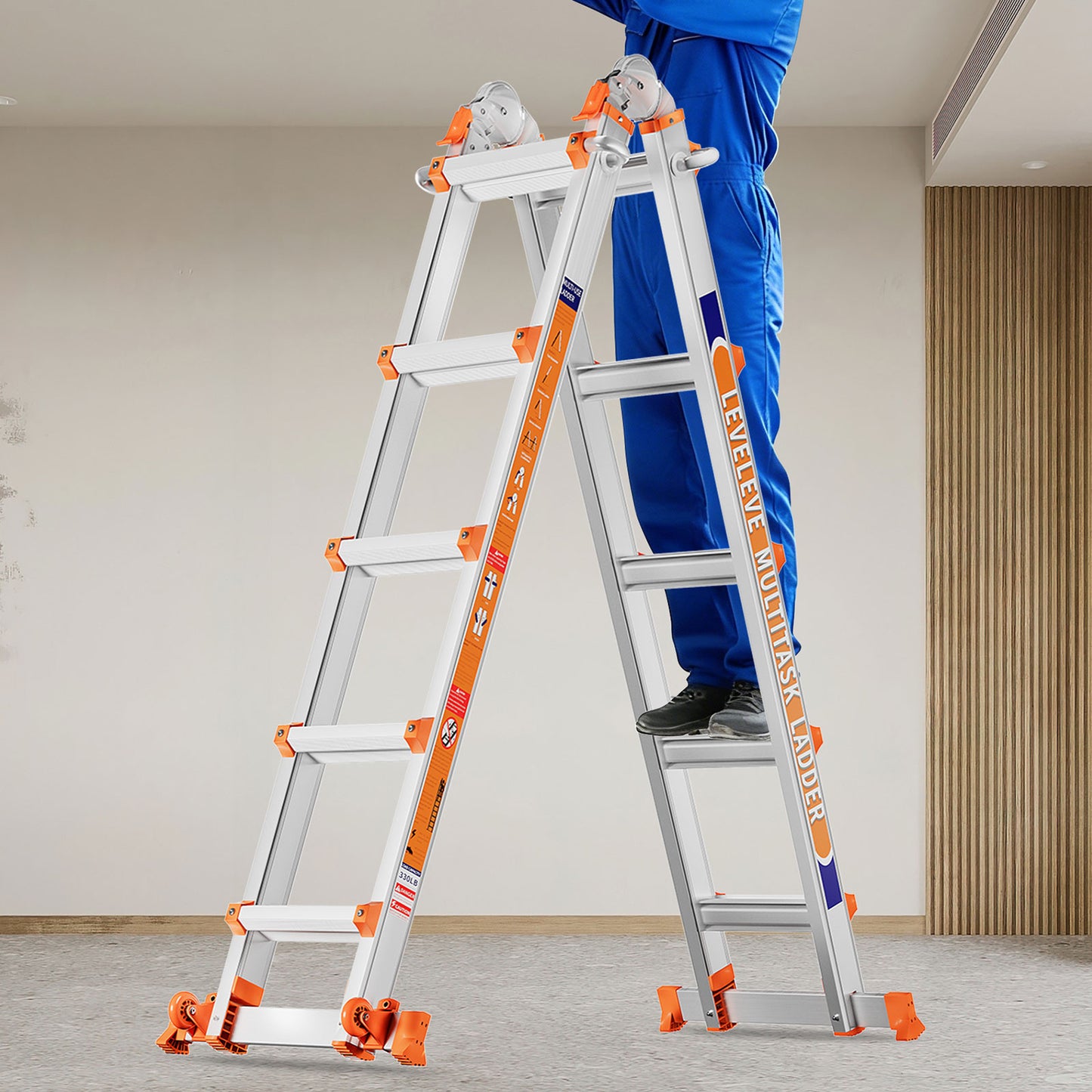 LAFWELL Multi Position 3 Step Ladder, 14FT Extension Ladder with Stabilizer Bar &amp; Wheels,330 lbs Security Load A Frame Ladder for Stairs Home Indoor Outdoor Roof