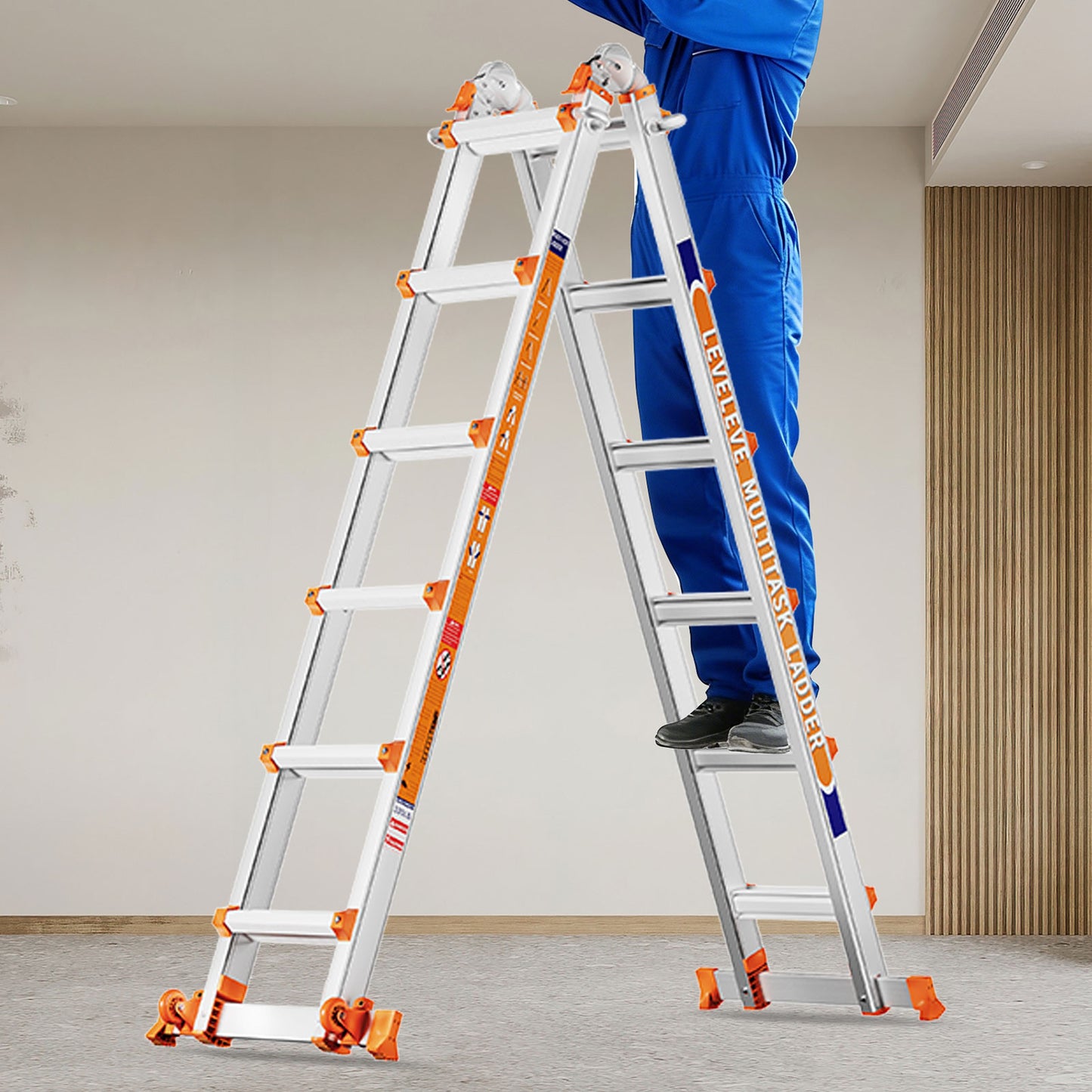 LAFWELL Multi Position 3 Step Ladder, 14FT Extension Ladder with Stabilizer Bar &amp; Wheels,330 lbs Security Load A Frame Ladder for Stairs Home Indoor Outdoor Roof