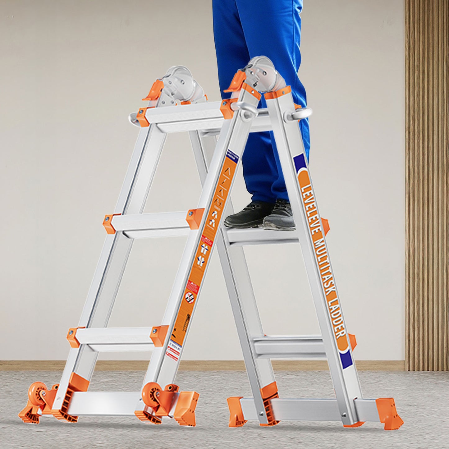LAFWELL Multi Position 3 Step Ladder, 14FT Extension Ladder with Stabilizer Bar &amp; Wheels,330 lbs Security Load A Frame Ladder for Stairs Home Indoor Outdoor Roof
