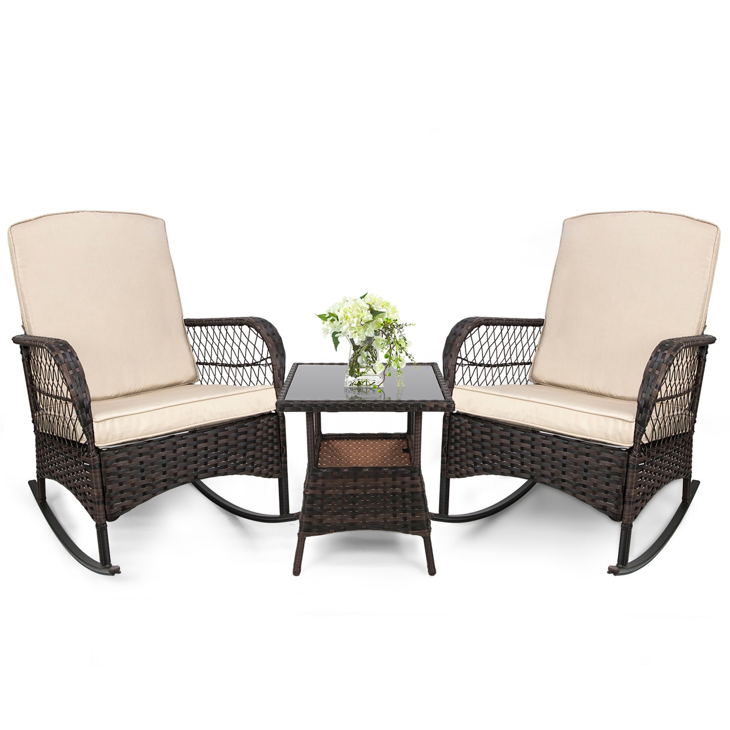 LAFWELL 3-Piece Outdoor Rocking Bistro Set, PE Rattan Wicker Patio Conversation Chairs with Thick Sand Cushions & Side Table for Front Porch, Balcony, & Morning Coffee