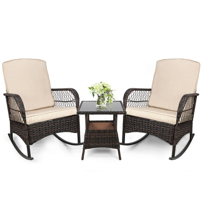 LAFWELL 3-Piece Outdoor Rocking Bistro Set, PE Rattan Wicker Patio Conversation Chairs with Thick Sand Cushions & Side Table for Front Porch, Balcony, & Morning Coffee