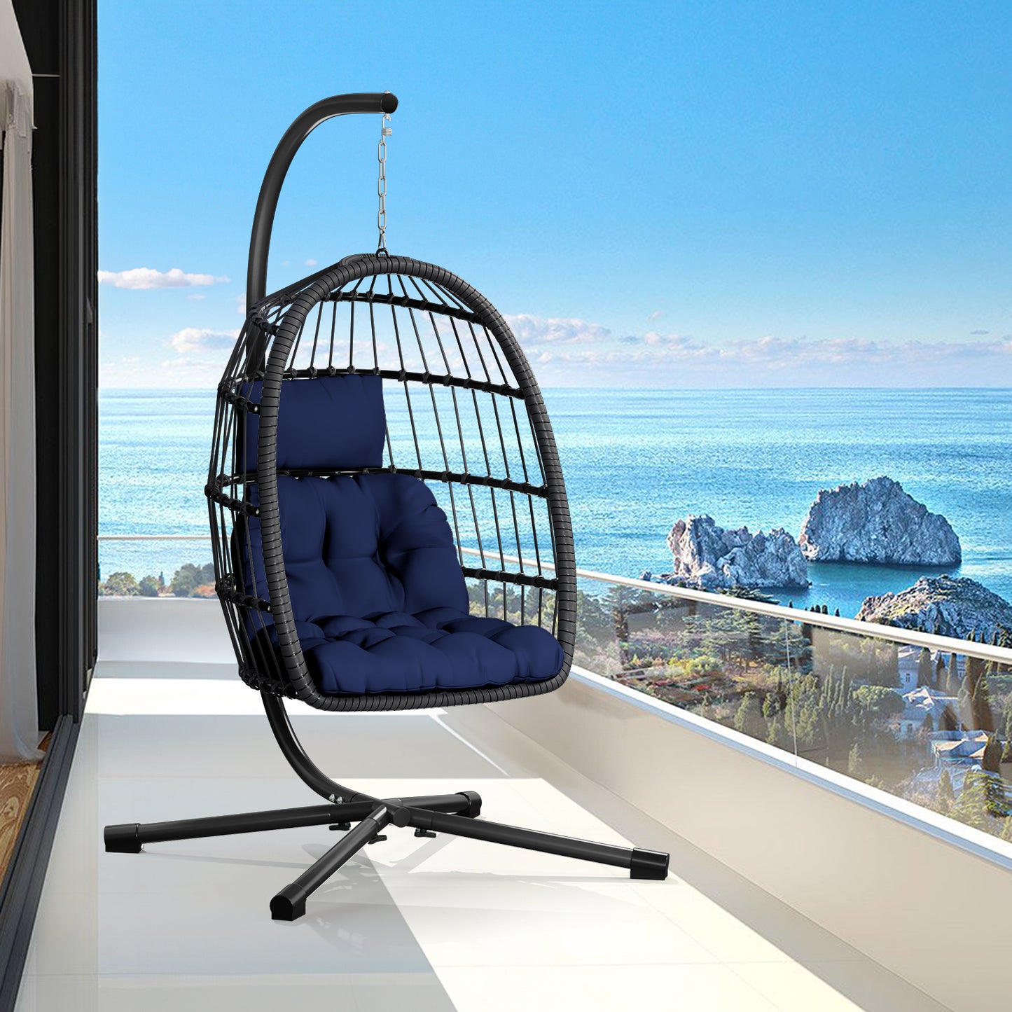 LAFWELL  Egg Chair with Stand,Patio Rattan Wicker Hanging Swing Egg Chair Hammock Chair for Bedroom Porch Garden,Thickened Aluminum Alloy Steel Frame and UV Resistant Cushion,350LBS Capacity