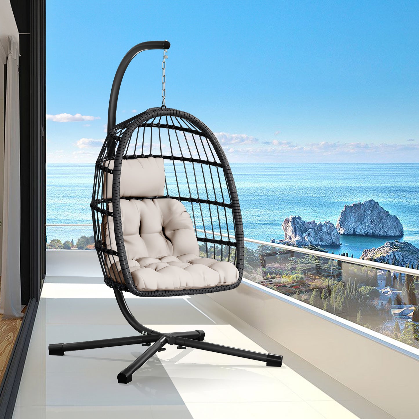 LAFWELL  Egg Chair with Stand,Patio Rattan Wicker Hanging Swing Egg Chair Hammock Chair for Bedroom Porch Garden,Thickened Aluminum Alloy Steel Frame and UV Resistant Cushion,350LBS Capacity