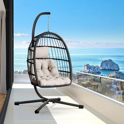 LAFWELL  Egg Chair with Stand,Patio Rattan Wicker Hanging Swing Egg Chair Hammock Chair for Bedroom Porch Garden,Thickened Aluminum Alloy Steel Frame and UV Resistant Cushion,350LBS Capacity