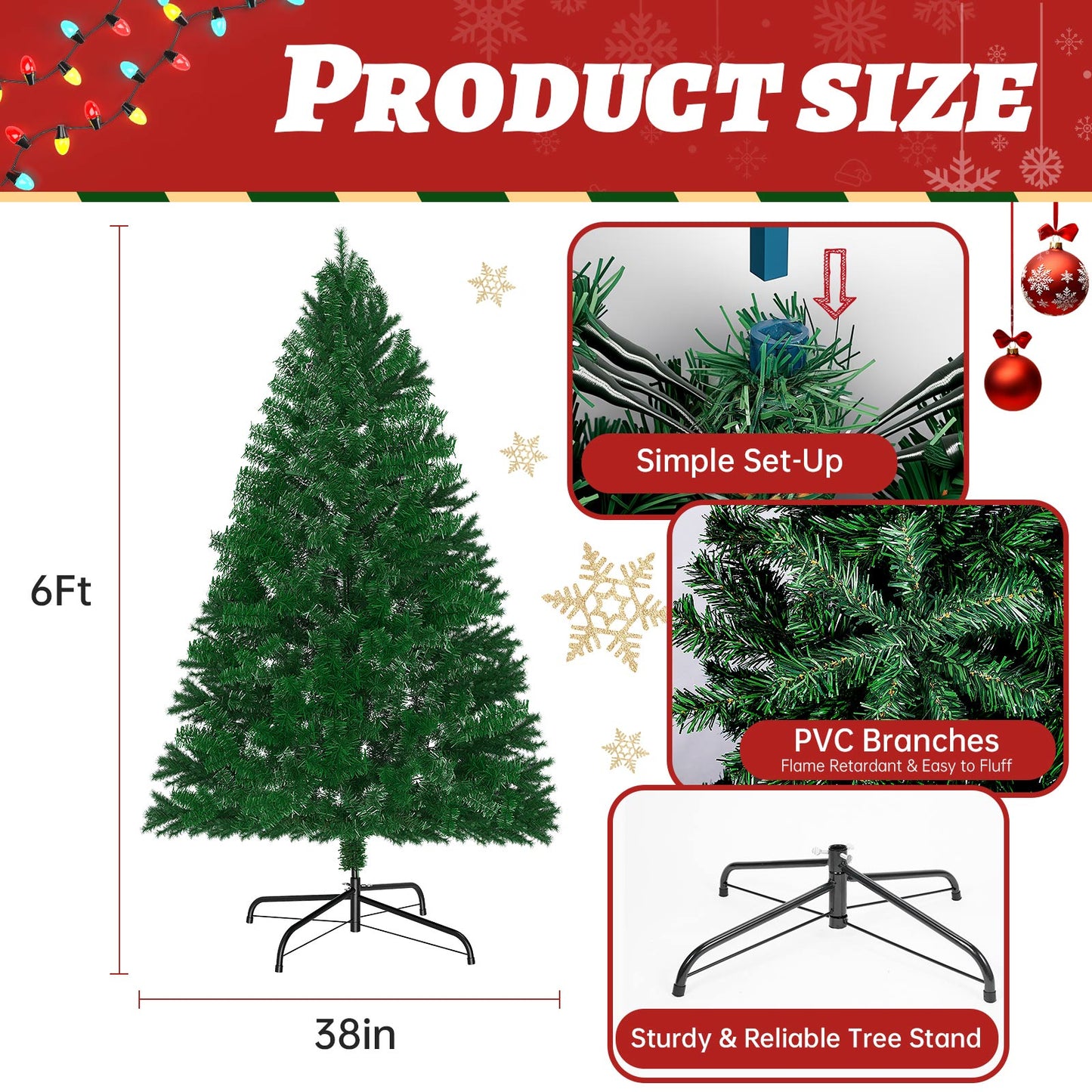 Premium 6FT Pre-Lit Classic Artificial Holiday Christmas Tree w/1,000 Branch Tips,250 LED Lights for Home,Office,Party Decoration