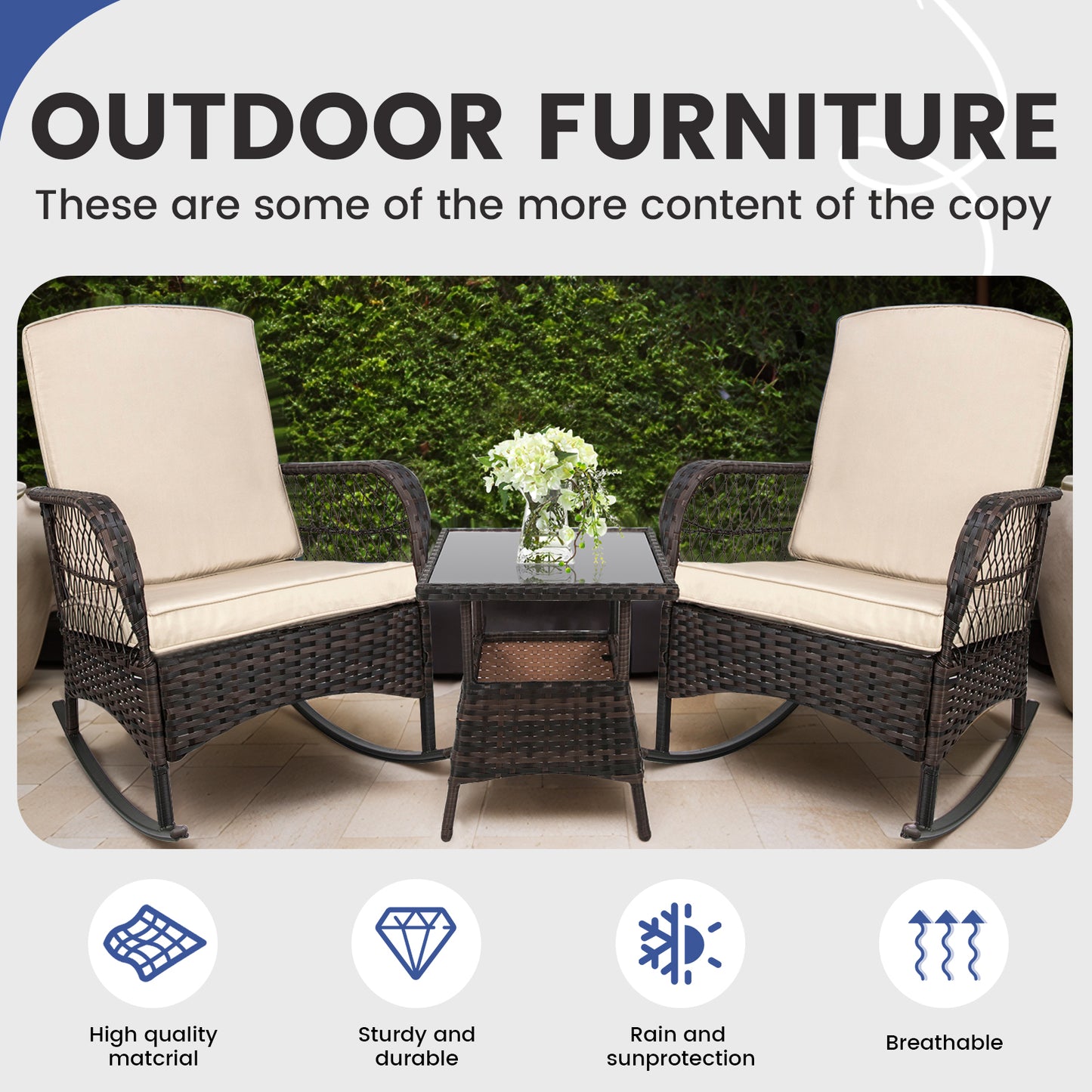 LAFWELL 3-Piece Outdoor Rocking Bistro Set, PE Rattan Wicker Patio Conversation Chairs with Thick Sand Cushions & Side Table for Front Porch, Balcony, & Morning Coffee