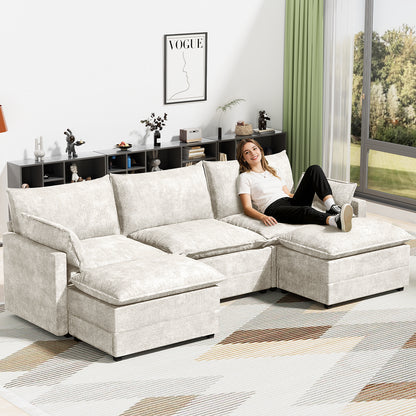 LAFWELL-12.5" L-Shape Modular Sofa with 1 Ottomans, Deep Seat Cloud Convertible Sleeper, 3 Throw 2 Arm Pillows, Comfortable Upholstered Furniture for Living Room Apartment