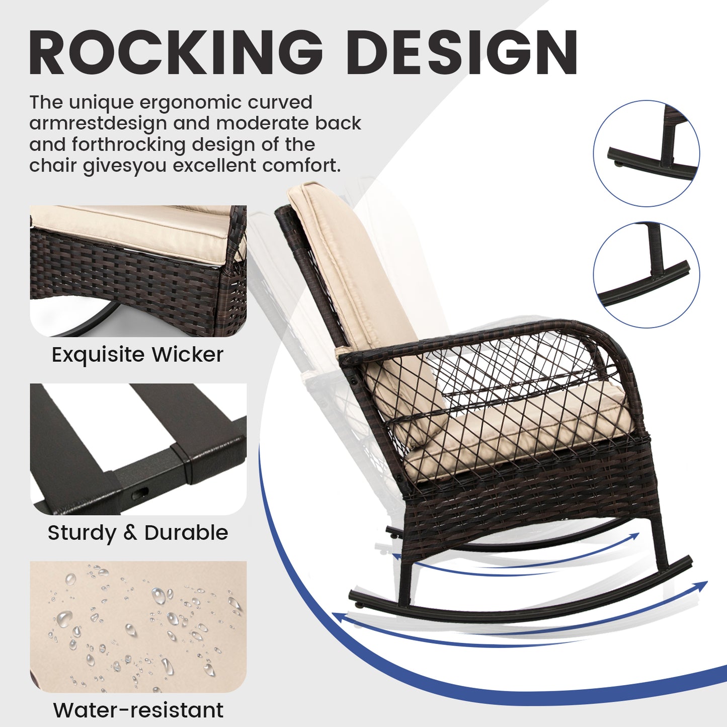 LAFWELL 3-Piece Outdoor Rocking Bistro Set, PE Rattan Wicker Patio Conversation Chairs with Thick Sand Cushions & Side Table for Front Porch, Balcony, & Morning Coffee