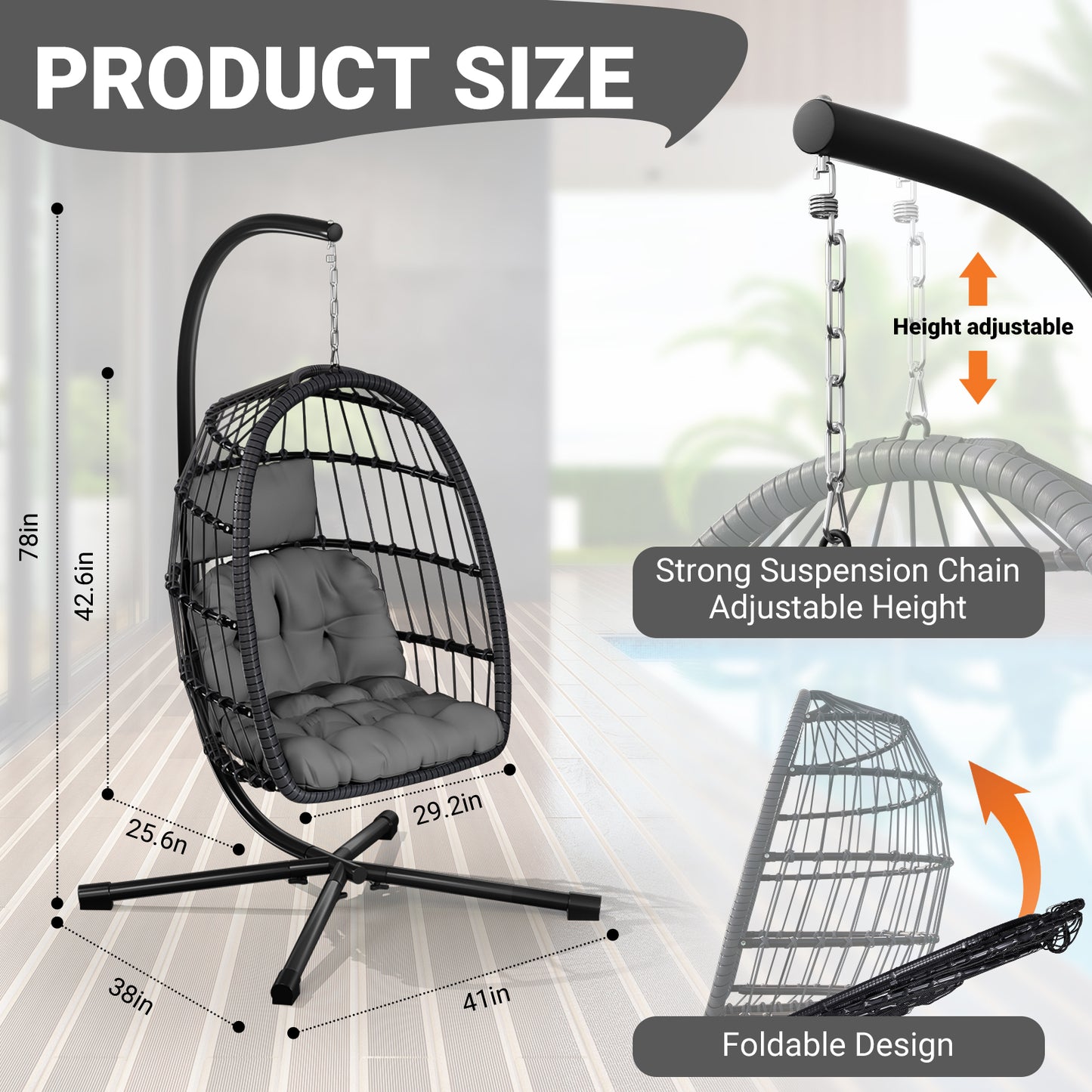 LAFWELL  Egg Chair with Stand,Patio Rattan Wicker Hanging Swing Egg Chair Hammock Chair for Bedroom Porch Garden,Thickened Aluminum Alloy Steel Frame and UV Resistant Cushion,350LBS Capacity