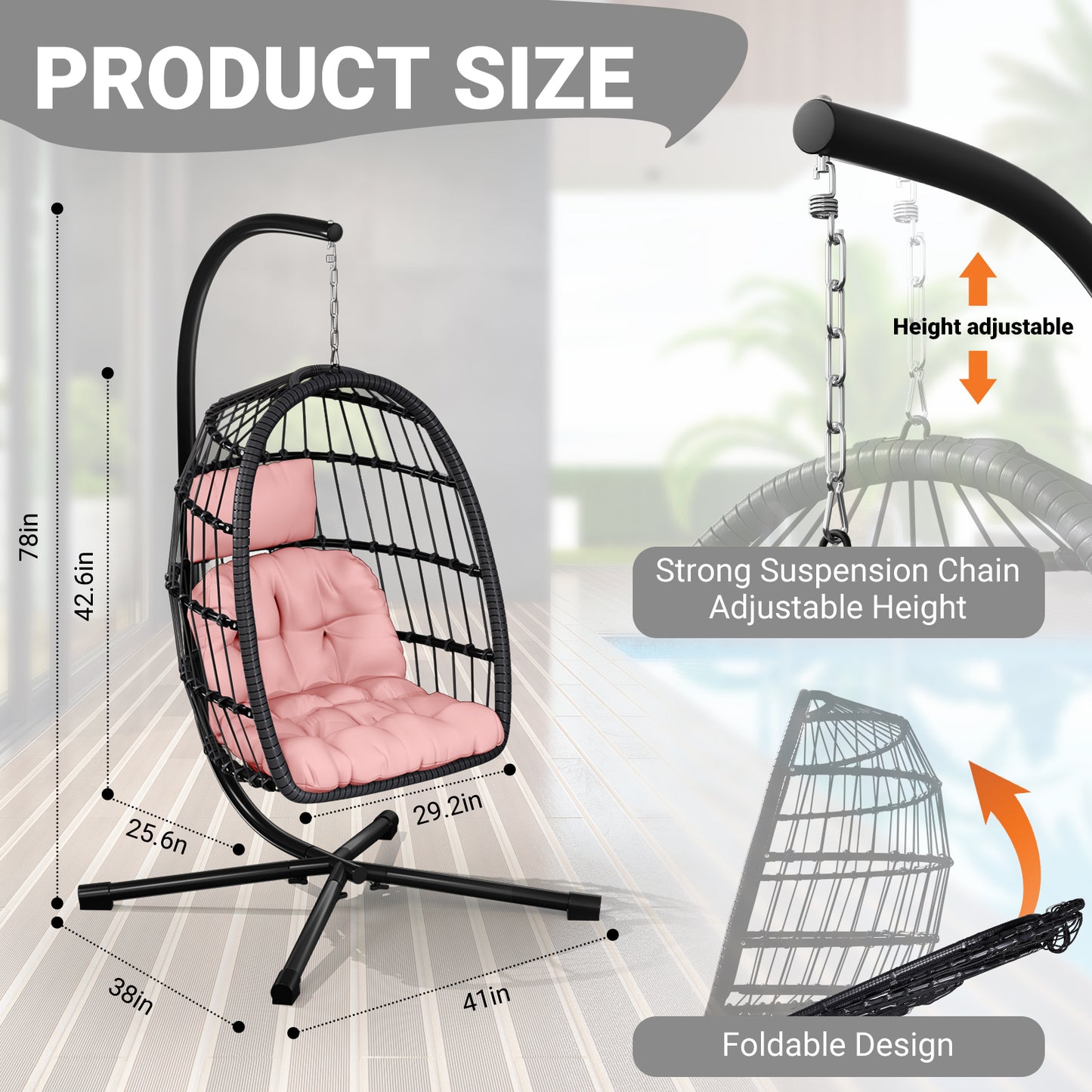 LAFWELL  Egg Chair with Stand,Patio Rattan Wicker Hanging Swing Egg Chair Hammock Chair for Bedroom Porch Garden,Thickened Aluminum Alloy Steel Frame and UV Resistant Cushion,350LBS Capacity