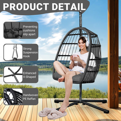 LAFWELL  Egg Chair with Stand,Patio Rattan Wicker Hanging Swing Egg Chair Hammock Chair for Bedroom Porch Garden,Thickened Aluminum Alloy Steel Frame and UV Resistant Cushion,350LBS Capacity