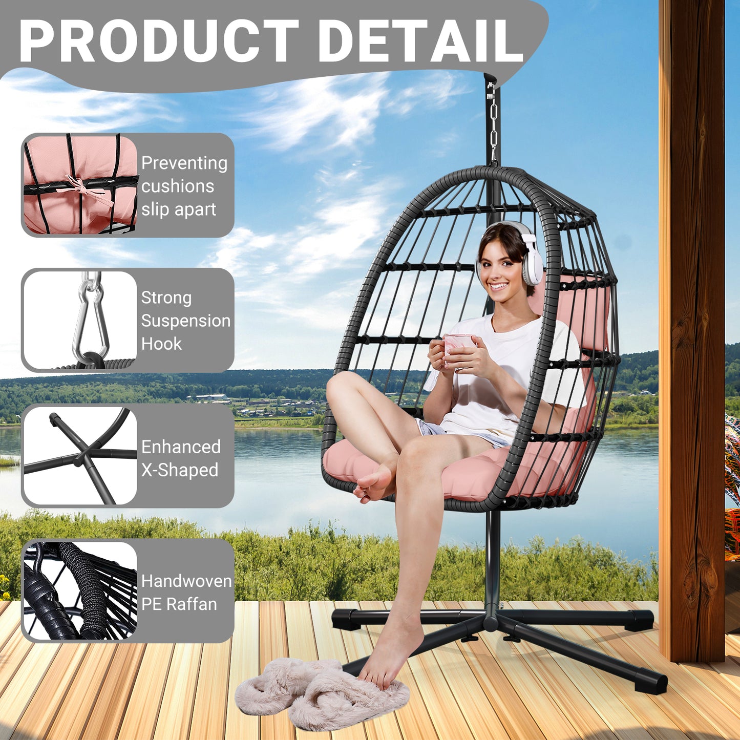 LAFWELL  Egg Chair with Stand,Patio Rattan Wicker Hanging Swing Egg Chair Hammock Chair for Bedroom Porch Garden,Thickened Aluminum Alloy Steel Frame and UV Resistant Cushion,350LBS Capacity