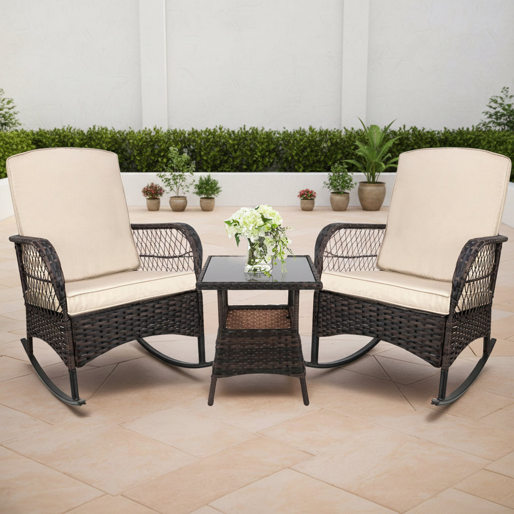 LAFWELL 3-Piece Outdoor Rocking Bistro Set, PE Rattan Wicker Patio Conversation Chairs with Thick Sand Cushions & Side Table for Front Porch, Balcony, & Morning Coffee
