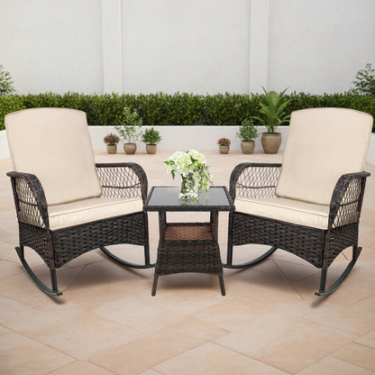 LAFWELL 3-Piece Outdoor Rocking Bistro Set, PE Rattan Wicker Patio Conversation Chairs with Thick Sand Cushions & Side Table for Front Porch, Balcony, & Morning Coffee