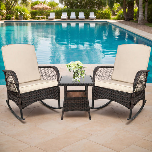 LAFWELL 3 pcs Rocking Bistro Set Conversation Chairs PE Wicker Outdoor Rocking Chairs(Rocking Set,Sand)