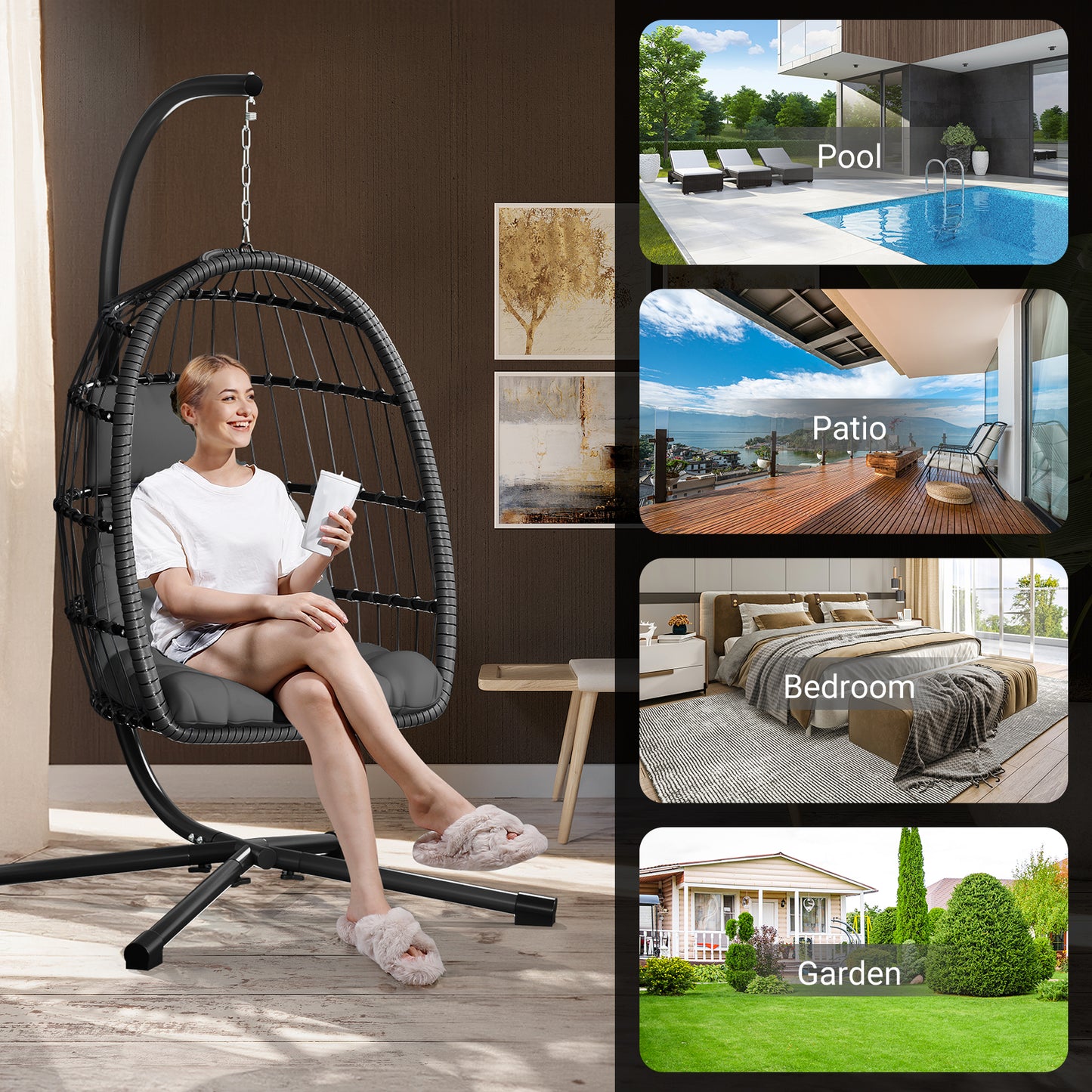 LAFWELL  Egg Chair with Stand,Patio Rattan Wicker Hanging Swing Egg Chair Hammock Chair for Bedroom Porch Garden,Thickened Aluminum Alloy Steel Frame and UV Resistant Cushion,350LBS Capacity