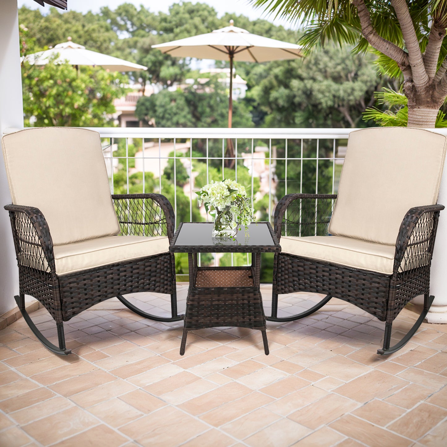 LAFWELL 3-Piece Outdoor Rocking Bistro Set, PE Rattan Wicker Patio Conversation Chairs with Thick Sand Cushions & Side Table for Front Porch, Balcony, & Morning Coffee