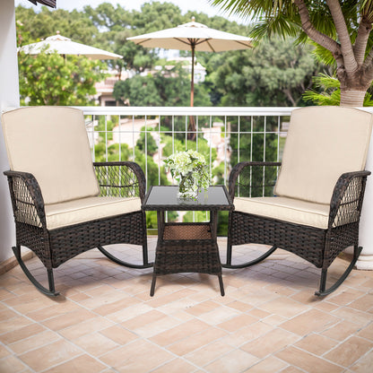 LAFWELL 3-Piece Outdoor Rocking Bistro Set, PE Rattan Wicker Patio Conversation Chairs with Thick Sand Cushions & Side Table for Front Porch, Balcony, & Morning Coffee