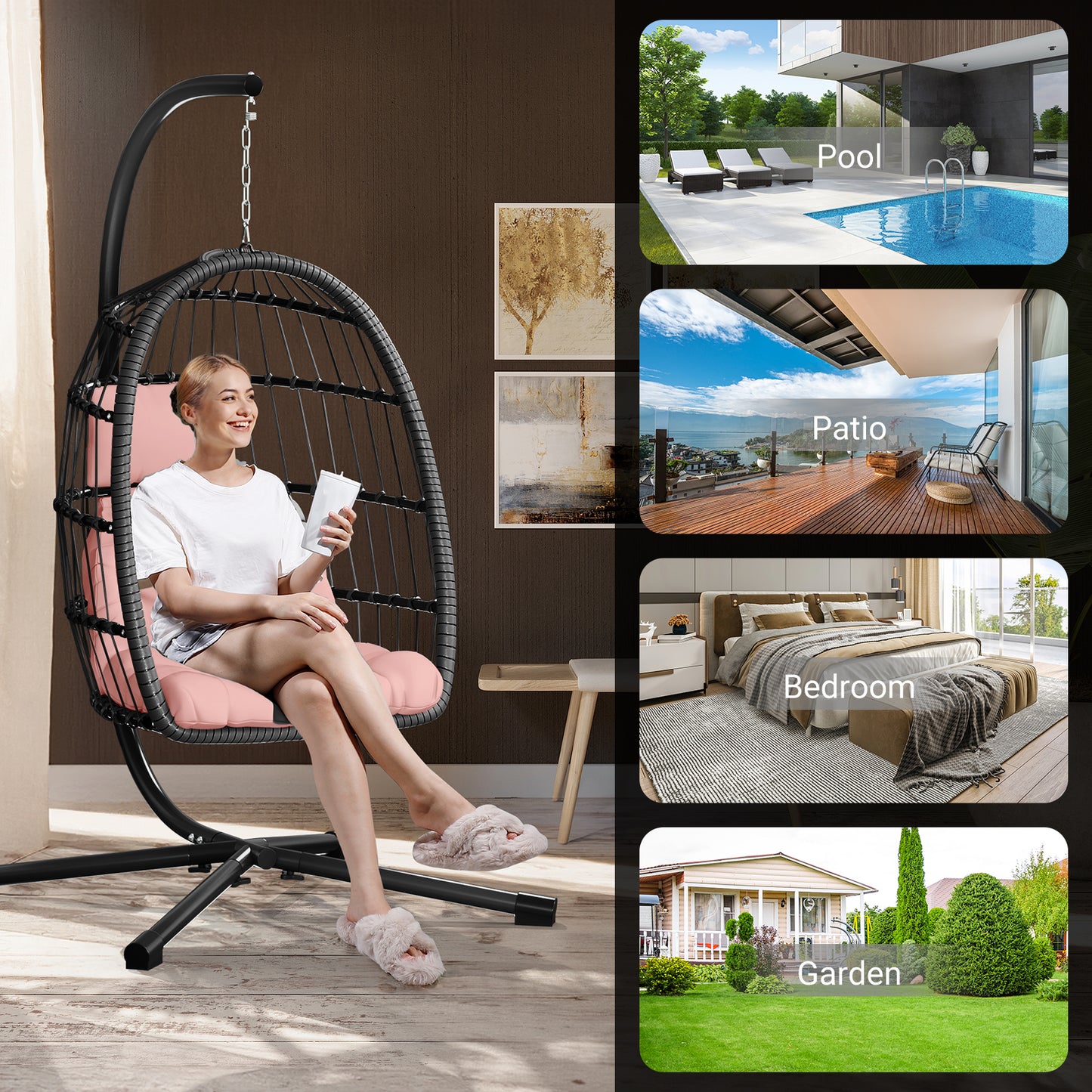 LAFWELL  Egg Chair with Stand,Patio Rattan Wicker Hanging Swing Egg Chair Hammock Chair for Bedroom Porch Garden,Thickened Aluminum Alloy Steel Frame and UV Resistant Cushion,350LBS Capacity