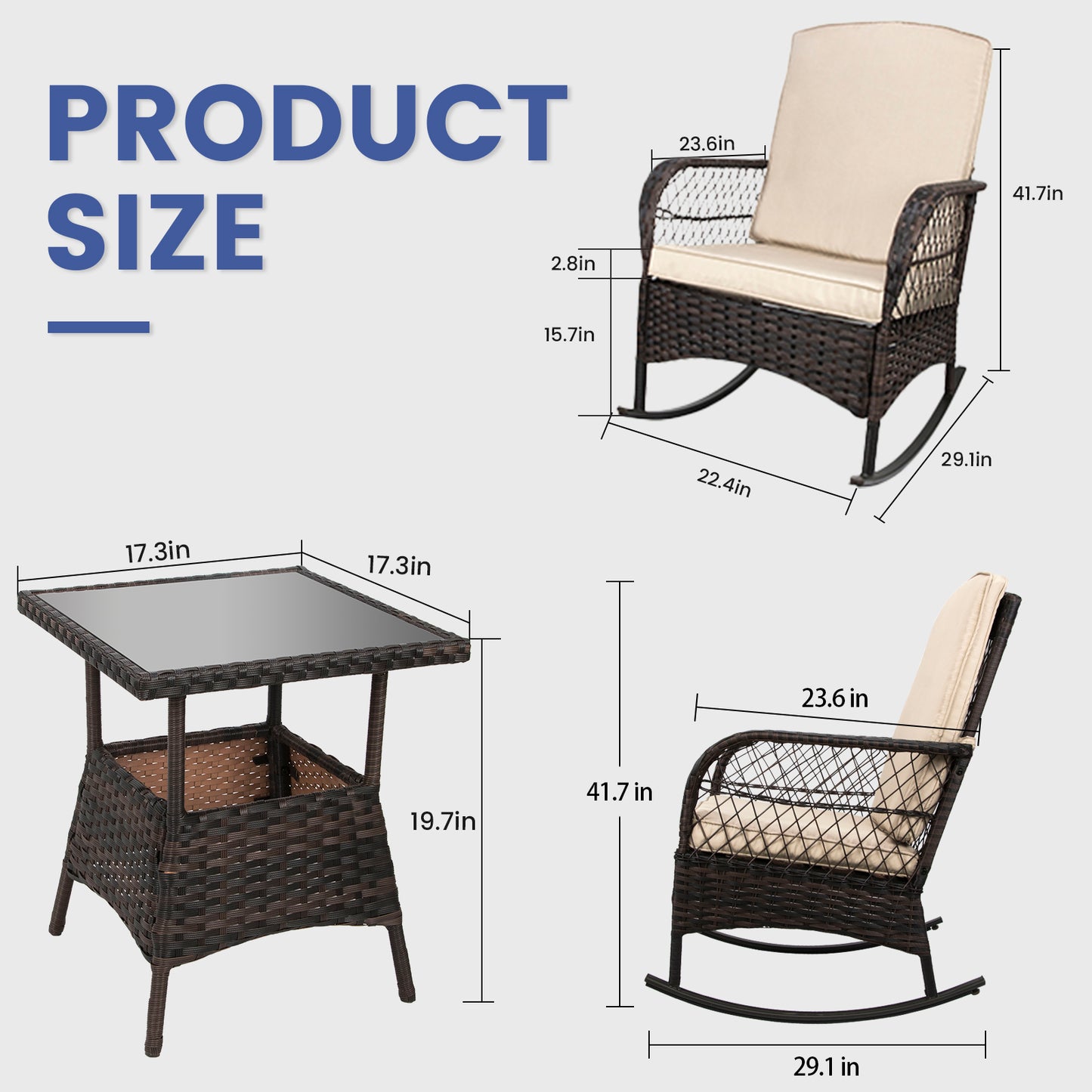 LAFWELL 3-Piece Outdoor Rocking Bistro Set, PE Rattan Wicker Patio Conversation Chairs with Thick Sand Cushions & Side Table for Front Porch, Balcony, & Morning Coffee