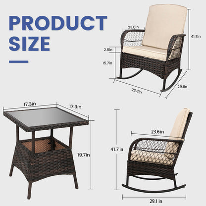 LAFWELL 3-Piece Outdoor Rocking Bistro Set, PE Rattan Wicker Patio Conversation Chairs with Thick Sand Cushions & Side Table for Front Porch, Balcony, & Morning Coffee