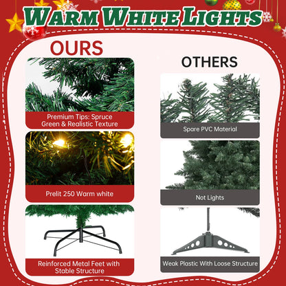 Premium 6FT Pre-Lit Classic Artificial Holiday Christmas Tree w/1,000 Branch Tips,250 LED Lights for Home,Office,Party Decoration