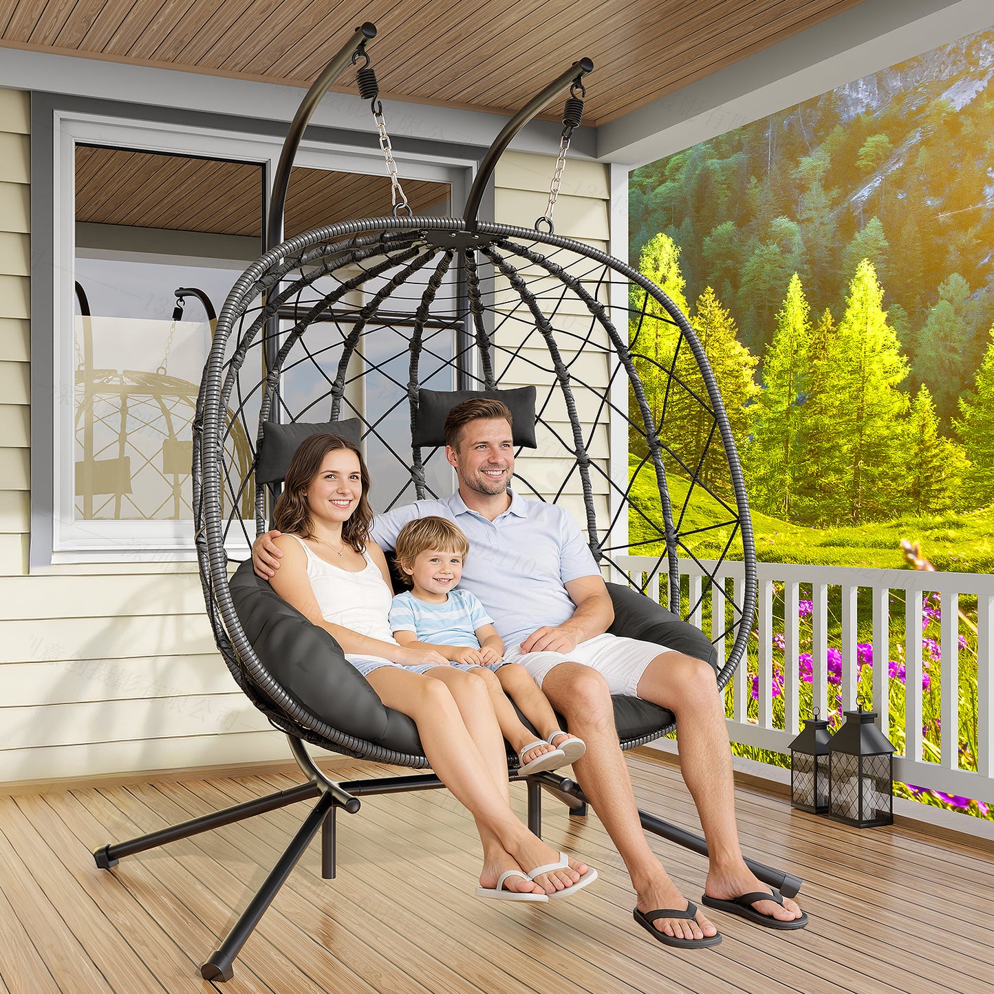 LAFWELL Double Egg Swing Chair with Stand - 2 Person Outdoor Patio Hanging Wicker Hammock Chair with Cushion, Dark Grey, for Garden, Lawn, Bedroom, Indoor/Outdoor Use