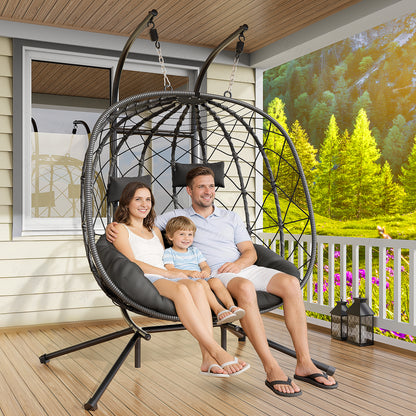 LAFWELL Double Egg Swing Chair with Stand - 2 Person Outdoor Patio Hanging Wicker Hammock Chair with Cushion, Dark Grey, for Garden, Lawn, Bedroom, Indoor/Outdoor Use