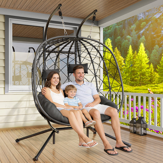 LAFWELL Double Egg Swing Chair with Stand - 2 Person Outdoor Patio Hanging Wicker Hammock Chair with Cushion, Dark Grey, for Garden, Lawn, Bedroom, Indoor/Outdoor Use