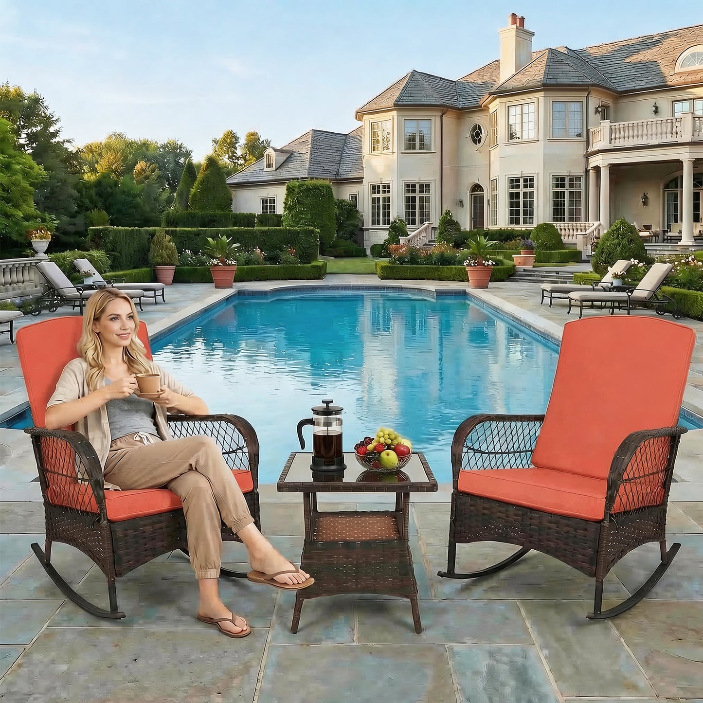 LAFWELL 3-Piece Outdoor Rocking Bistro Set, PE Rattan Wicker Patio Conversation Chairs with Thick Sand Cushions & Side Table for Front Porch, Balcony, & Morning Coffee