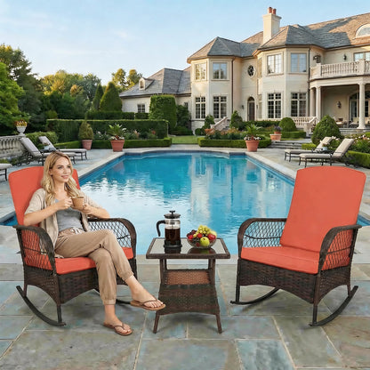 LAFWELL 3-Piece Outdoor Rocking Bistro Set, PE Rattan Wicker Patio Conversation Chairs with Thick Sand Cushions & Side Table for Front Porch, Balcony, & Morning Coffee