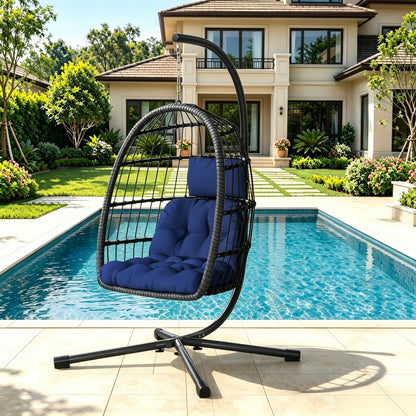 LAFWELL  Egg Chair with Stand,Patio Rattan Wicker Hanging Swing Egg Chair Hammock Chair for Bedroom Porch Garden,Thickened Aluminum Alloy Steel Frame and UV Resistant Cushion,350LBS Capacity