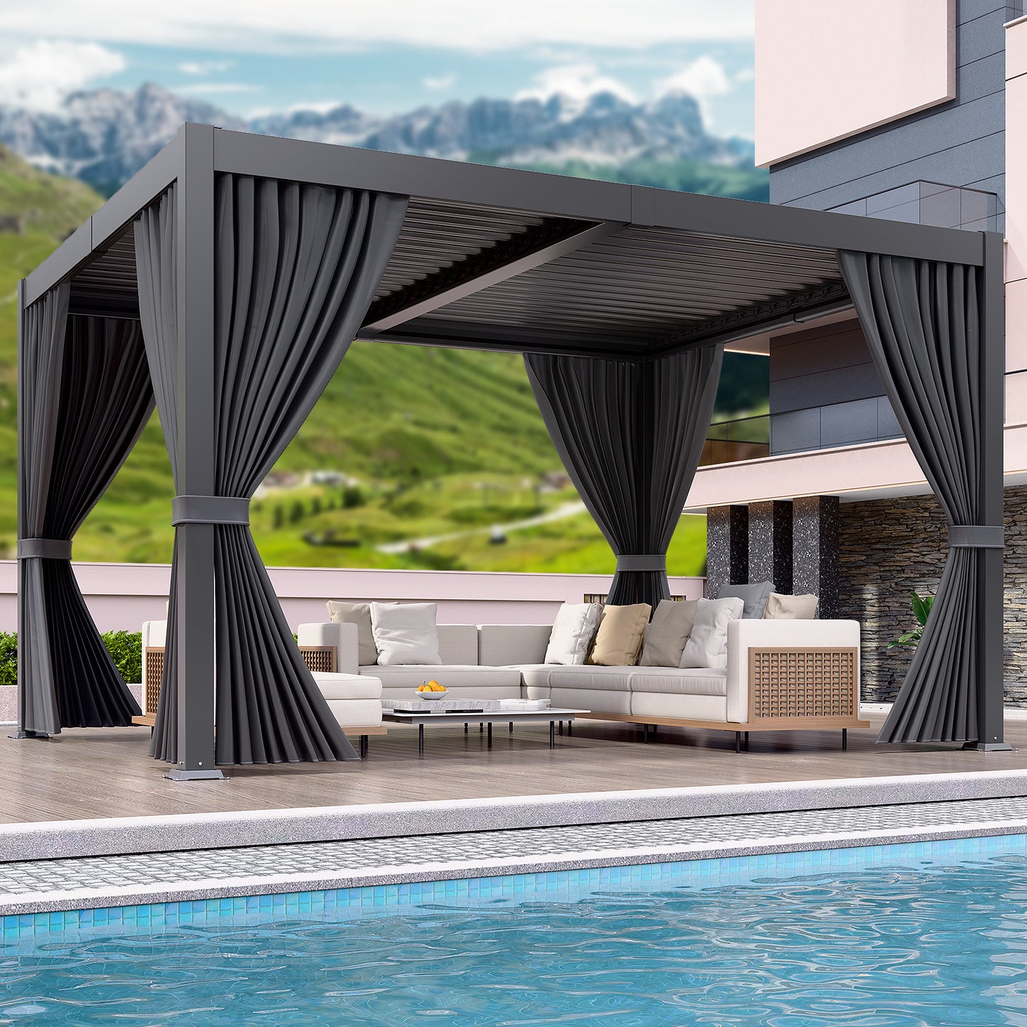 LAFWELL  10' x 12' /20' Louvered Pergola with Adjustable Roof, Outdoor Metal Patio Gazebo with Curtains & Netting, Gutter System, Large Hardtop Canopy for Garden, Deck, Backyard