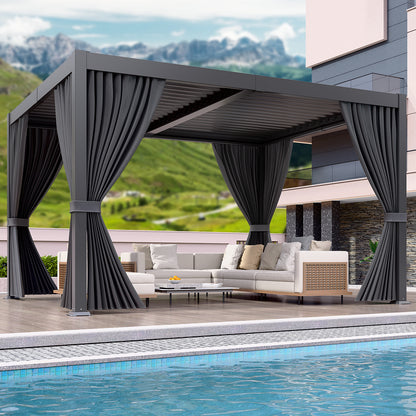 LAFWELL  10' x 12' /20' Louvered Pergola with Adjustable Roof, Outdoor Metal Patio Gazebo with Curtains & Netting, Gutter System, Large Hardtop Canopy for Garden, Deck, Backyard