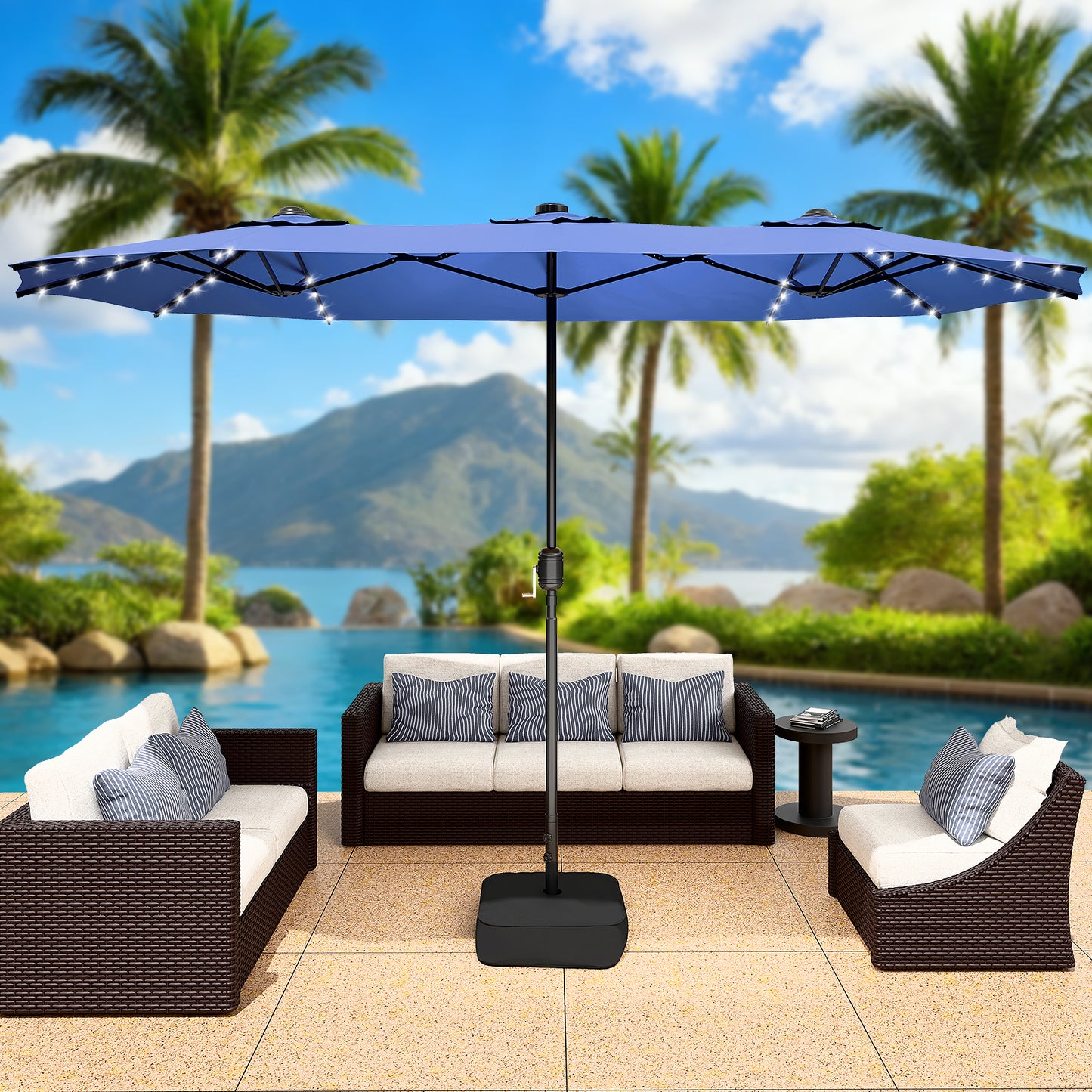 LAFWELL 15FT Double-Sided Patio Umbrella with Base Included, Large Outdoor Rectangular Market Umbrella for Backyard, Poolside, Lawn & Garden