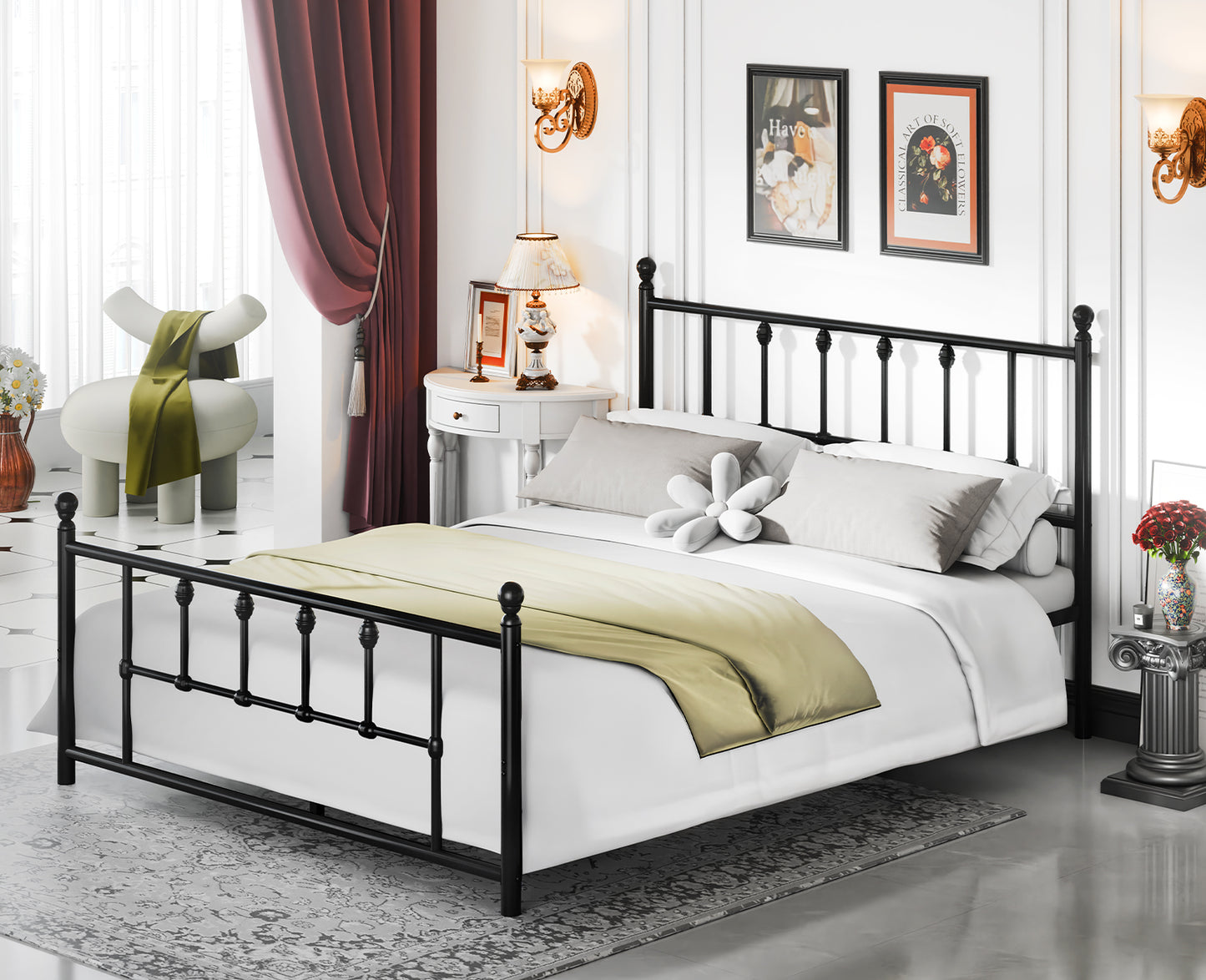 LAFWELL 14 Inch Full Size  Victorian Vintage Metal Platform Bed Frame with Headboard and Footboard, Underbed Storage, No Box Spring Needed, Easy Assembly, Black