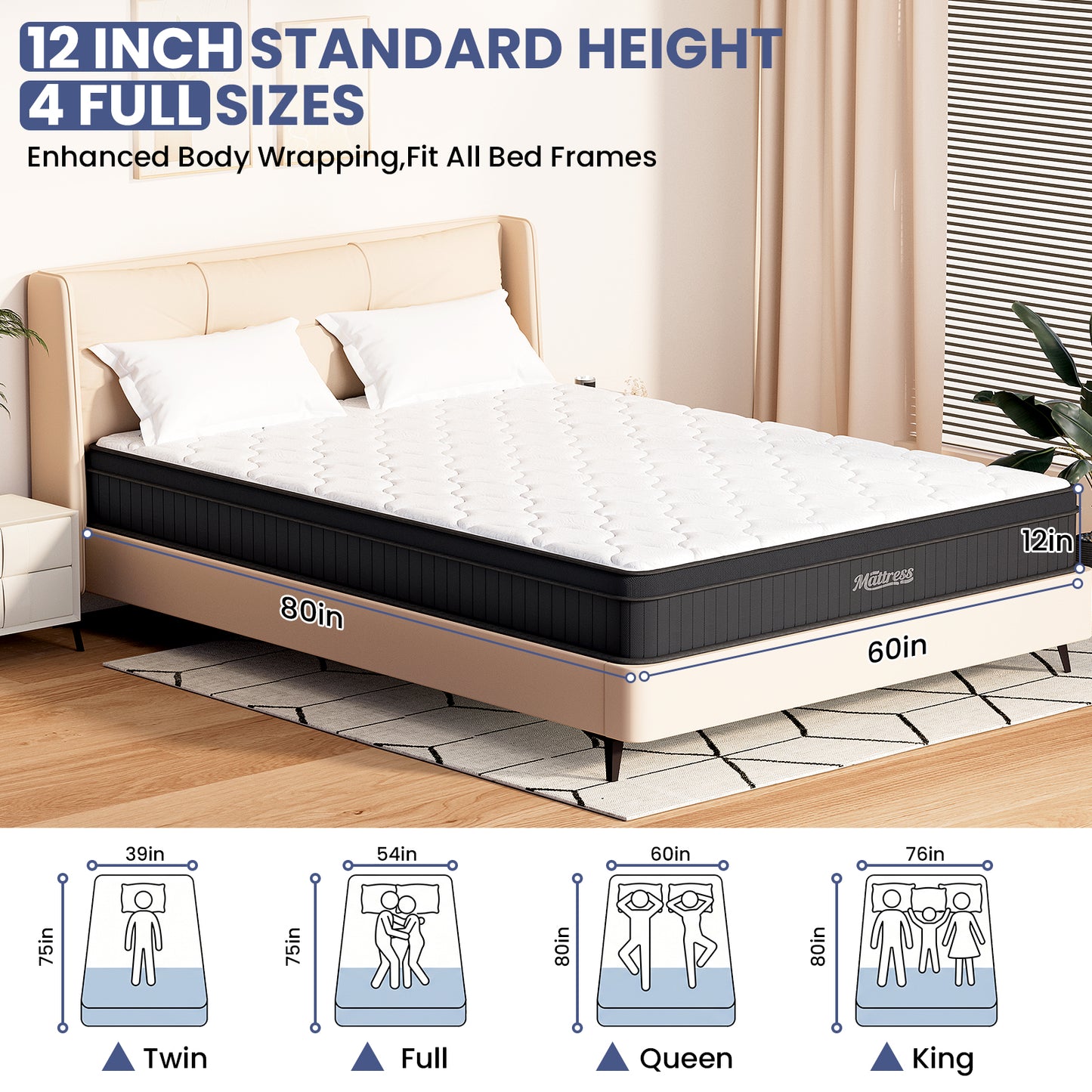 LAFWELL  12" 14" Hybrid Mattress in a Box | Twin Full Queen Size Innerspring Mattress with Individual Pocket Springs & High Density Foam | Medium Firm, Fiberglass Free, Pressure Relief, White