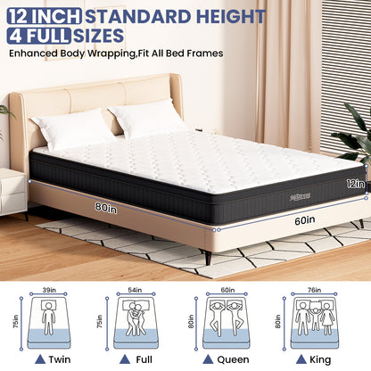 LAFWELL  12" 14" Hybrid Mattress in a Box | Twin Full Queen Size Innerspring Mattress with Individual Pocket Springs & High Density Foam | Medium Firm, Fiberglass Free, Pressure Relief, White