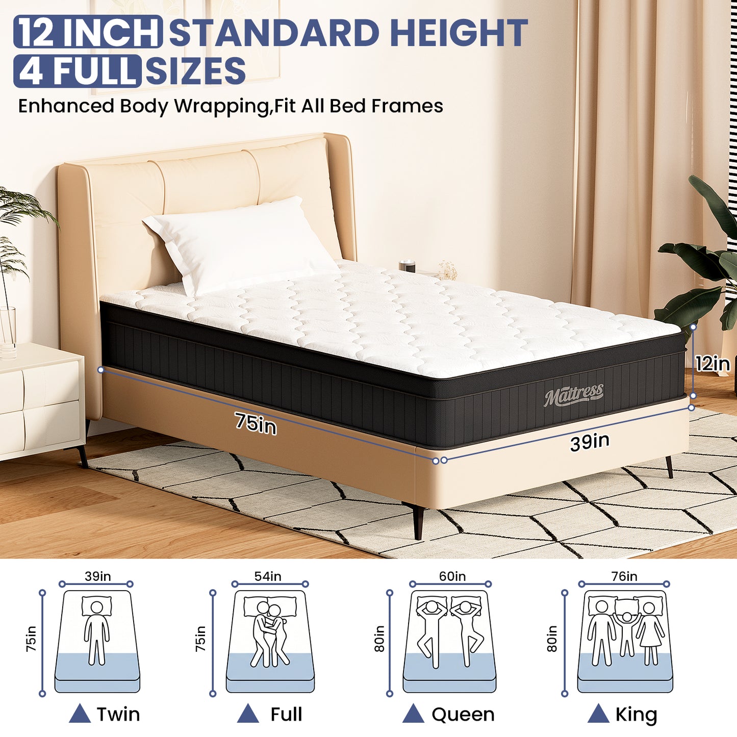 LAFWELL  12" 14" Hybrid Mattress in a Box | Twin Full Queen Size Innerspring Mattress with Individual Pocket Springs & High Density Foam | Medium Firm, Fiberglass Free, Pressure Relief, White
