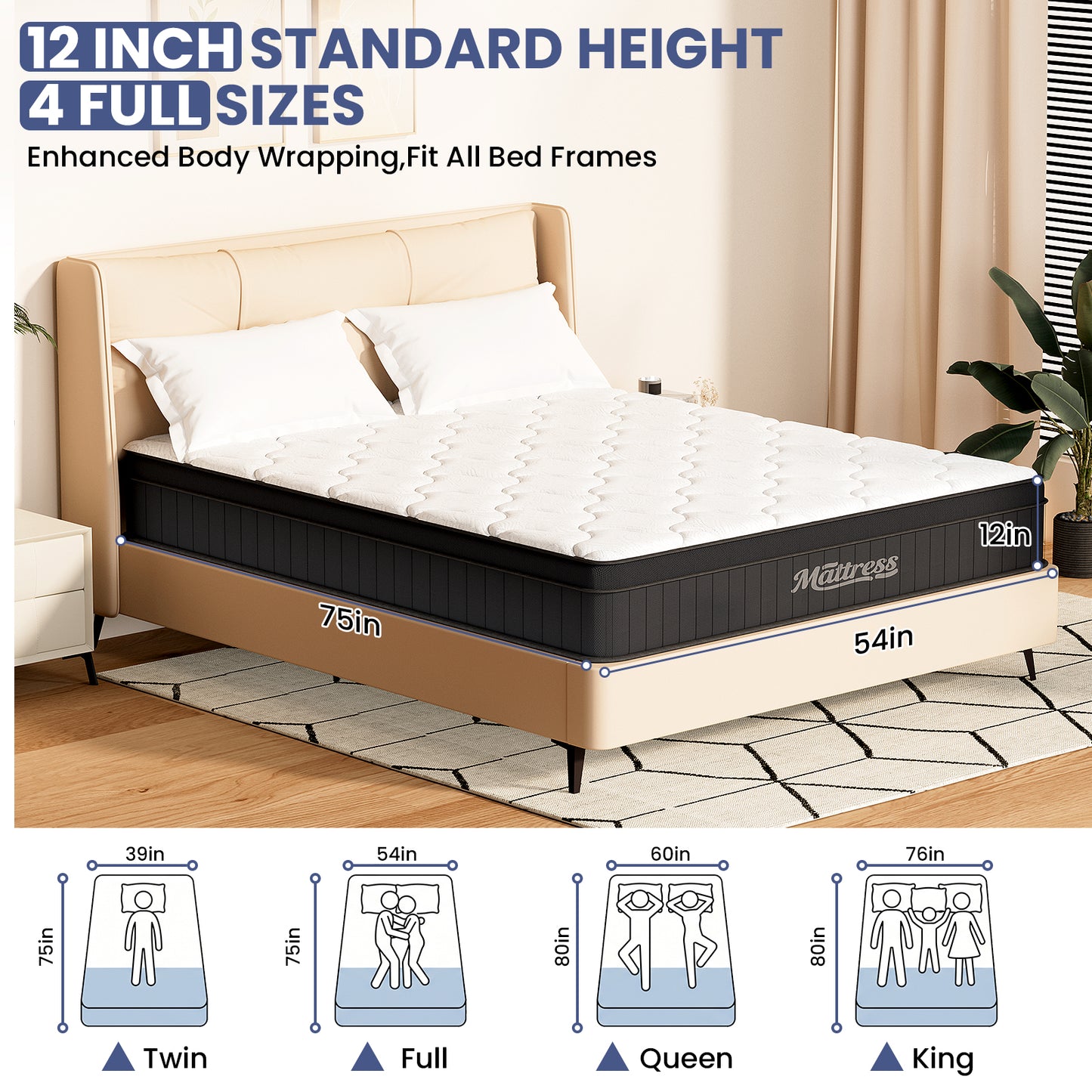 LAFWELL  12" 14" Hybrid Mattress in a Box | Twin Full Queen Size Innerspring Mattress with Individual Pocket Springs & High Density Foam | Medium Firm, Fiberglass Free, Pressure Relief, White