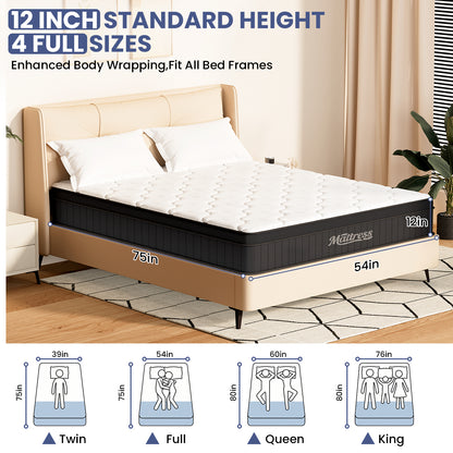 LAFWELL  12" 14" Hybrid Mattress in a Box | Twin Full Queen Size Innerspring Mattress with Individual Pocket Springs & High Density Foam | Medium Firm, Fiberglass Free, Pressure Relief, White