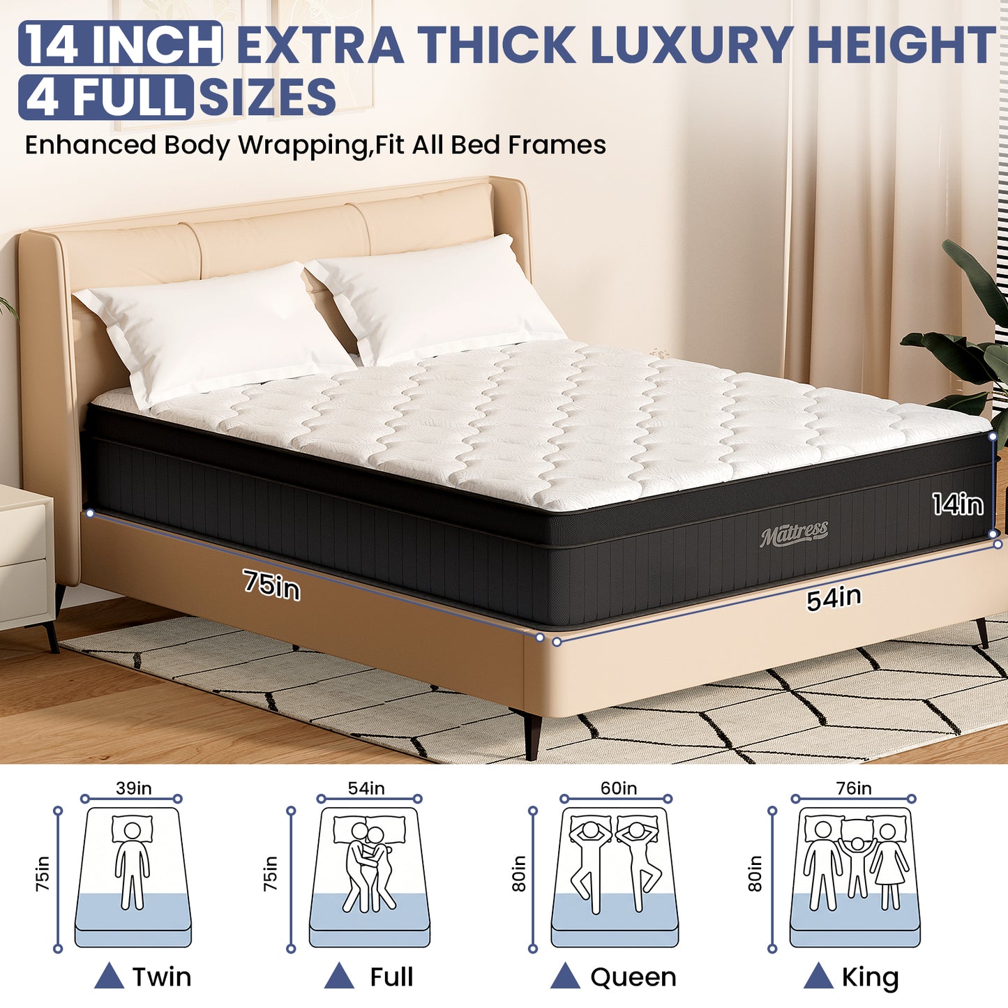 LAFWELL  12" 14" Hybrid Mattress in a Box | Twin Full Queen Size Innerspring Mattress with Individual Pocket Springs & High Density Foam | Medium Firm, Fiberglass Free, Pressure Relief, White