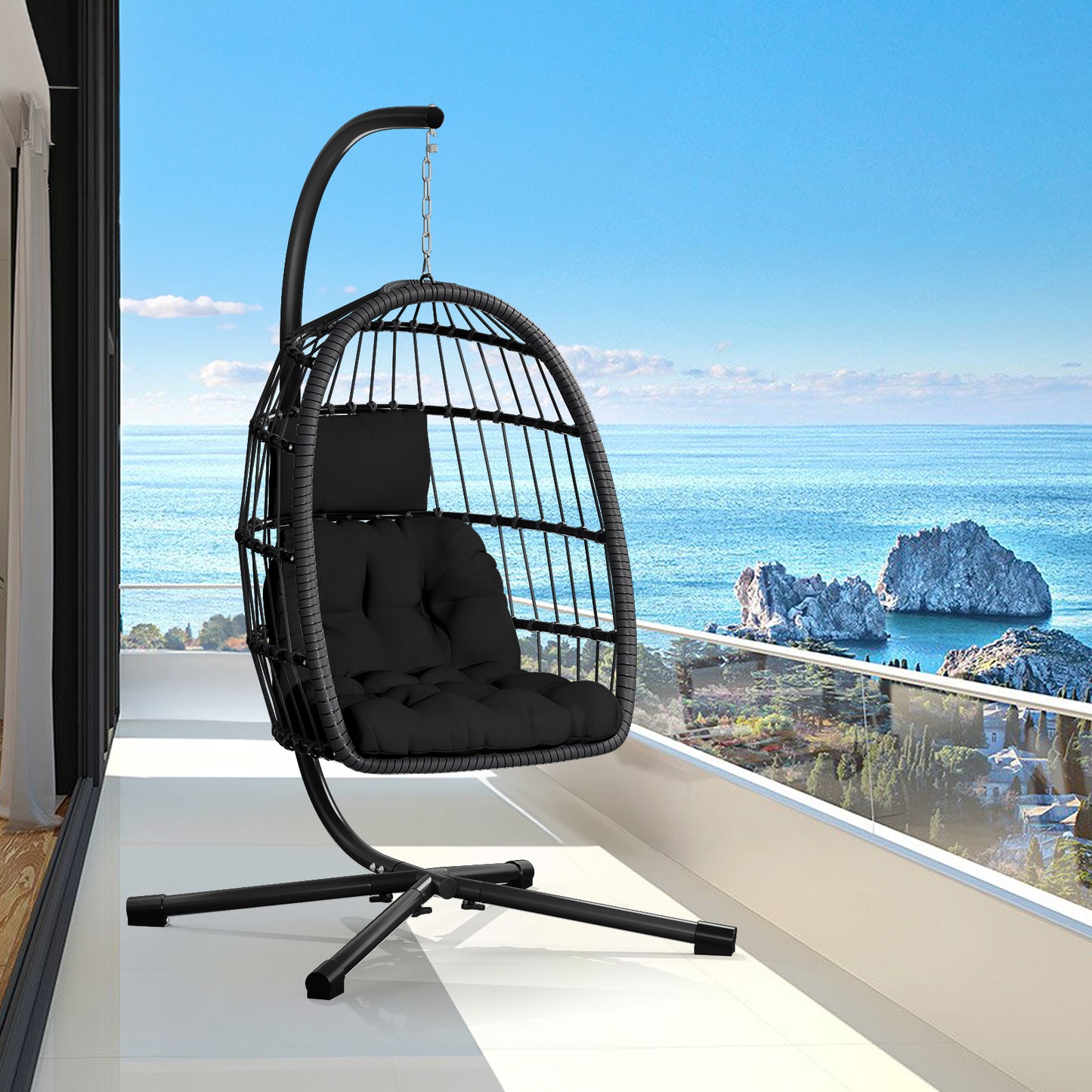 LAFWELL  Egg Chair with Stand,Patio Rattan Wicker Hanging Swing Egg Chair Hammock Chair for Bedroom Porch Garden,Thickened Aluminum Alloy Steel Frame and UV Resistant Cushion,350LBS Capacity