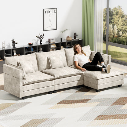 LAFWELL-12.5" L-Shape Modular Sofa with 1 Ottomans, Deep Seat Cloud Convertible Sleeper, 3 Throw 2 Arm Pillows, Comfortable Upholstered Furniture for Living Room Apartment