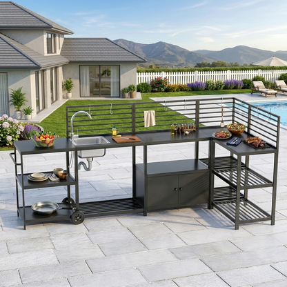 LAFWELL Modular Outdoor Kitchen Island 4-Piece Set, Aluminum Outdoor Kitchen Cabinets Prep Station with Sink, Storage Cabinets & Shelves for Patio, Backyard & Deck